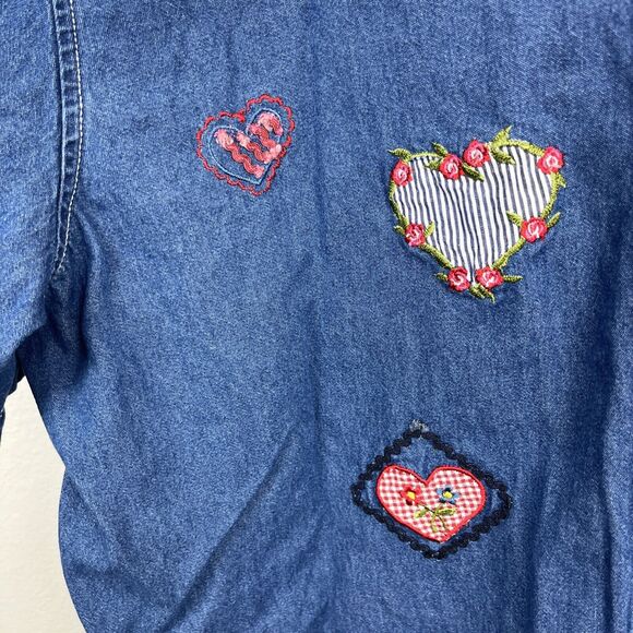 At Last Woman Size 22/24W Denim Button Up Shirt Hearts Embroidery Cottage Granny - Picture 4 of 13